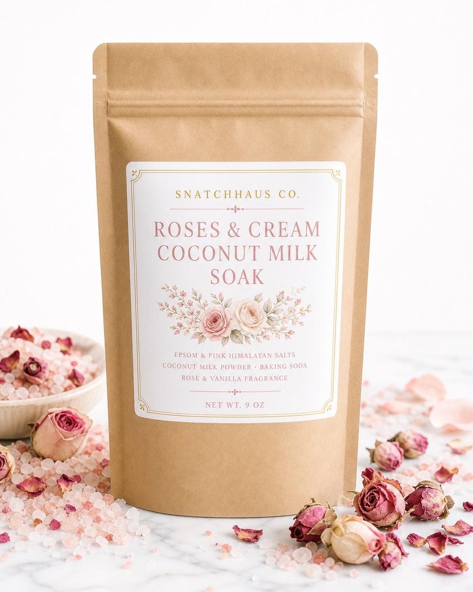 Roses & Cream Coconut Milk Soak – Luxurious Rose Vanilla Bath Salts with Epsom, Pink Himalayan Salt, Coconut Milk Powder, Romantic Gift