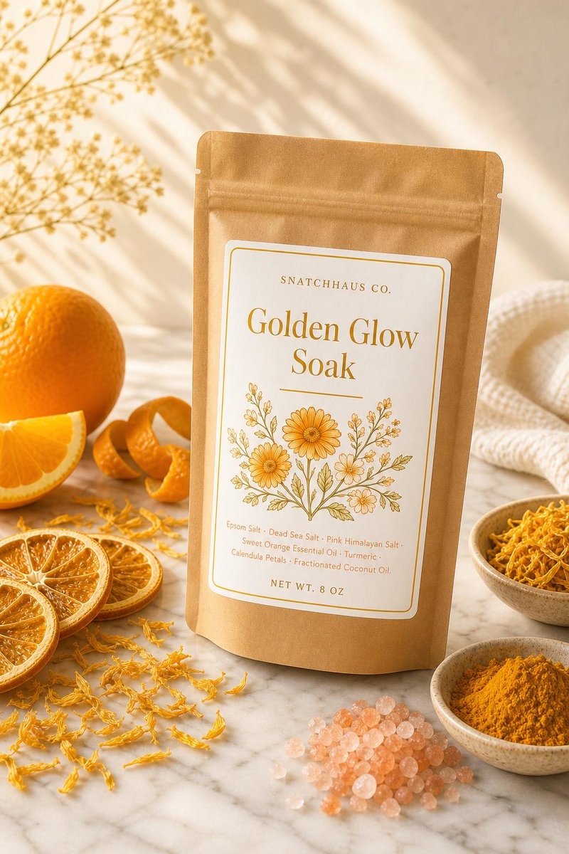 Golden Glow Bath Soak – Triple Salt Blend with Sweet Orange, Turmeric & Calendula | Luxury Bath Salts for Soft, Luminous Skin